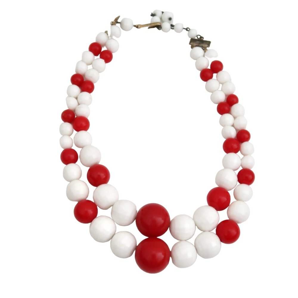 vtg 60s KARU ARKE red & white double strand necklace